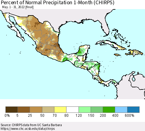 Mexico Central America and the Caribbean Percent of Normal Precipitation 1-Month (CHIRPS) Thematic Map For 5/1/2022 - 5/31/2022
