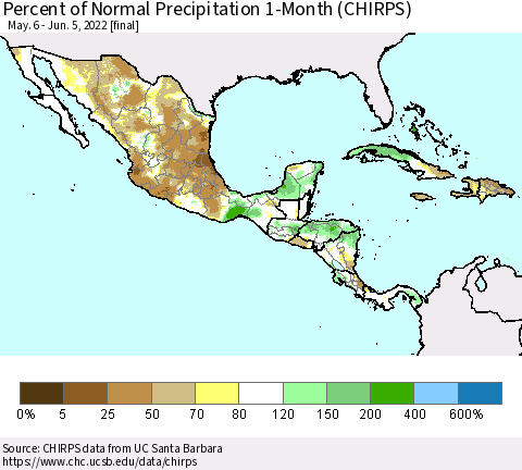 Mexico Central America and the Caribbean Percent of Normal Precipitation 1-Month (CHIRPS) Thematic Map For 5/6/2022 - 6/5/2022