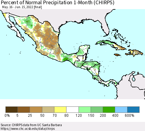 Mexico Central America and the Caribbean Percent of Normal Precipitation 1-Month (CHIRPS) Thematic Map For 5/16/2022 - 6/15/2022