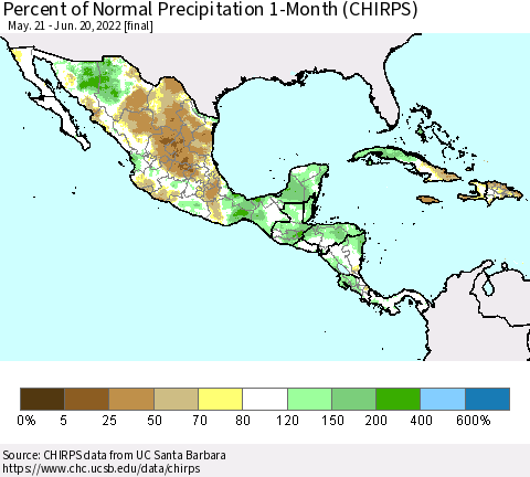 Mexico Central America and the Caribbean Percent of Normal Precipitation 1-Month (CHIRPS) Thematic Map For 5/21/2022 - 6/20/2022