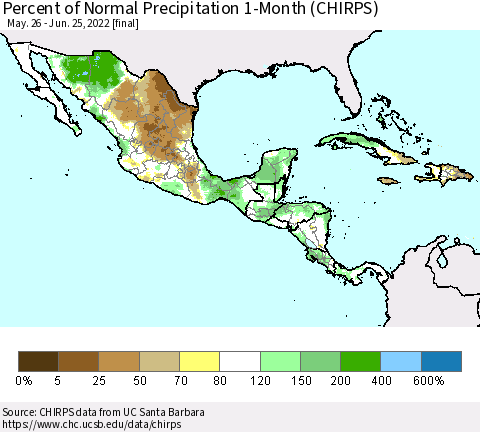 Mexico Central America and the Caribbean Percent of Normal Precipitation 1-Month (CHIRPS) Thematic Map For 5/26/2022 - 6/25/2022