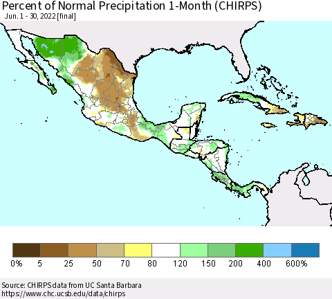 Mexico Central America and the Caribbean Percent of Normal Precipitation 1-Month (CHIRPS) Thematic Map For 6/1/2022 - 6/30/2022