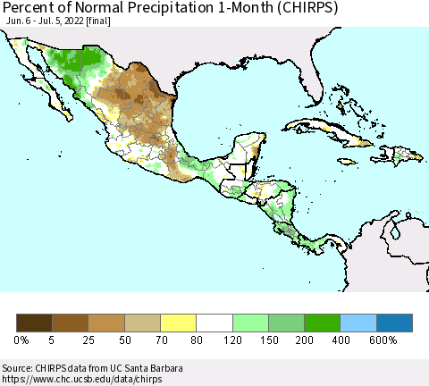 Mexico Central America and the Caribbean Percent of Normal Precipitation 1-Month (CHIRPS) Thematic Map For 6/6/2022 - 7/5/2022