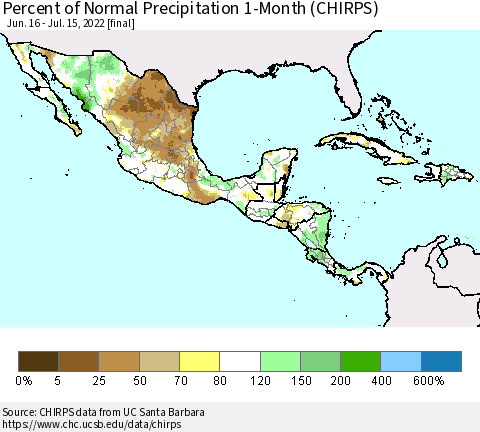 Mexico Central America and the Caribbean Percent of Normal Precipitation 1-Month (CHIRPS) Thematic Map For 6/16/2022 - 7/15/2022