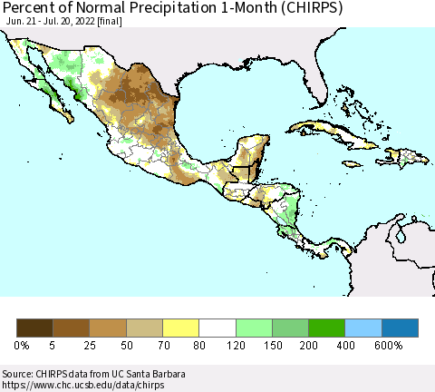Mexico Central America and the Caribbean Percent of Normal Precipitation 1-Month (CHIRPS) Thematic Map For 6/21/2022 - 7/20/2022