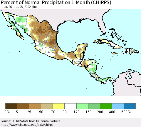 Mexico Central America and the Caribbean Percent of Normal Precipitation 1-Month (CHIRPS) Thematic Map For 6/26/2022 - 7/25/2022