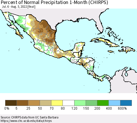 Mexico Central America and the Caribbean Percent of Normal Precipitation 1-Month (CHIRPS) Thematic Map For 7/6/2022 - 8/5/2022