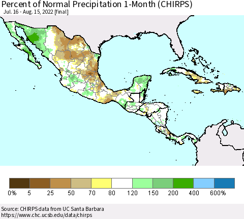 Mexico Central America and the Caribbean Percent of Normal Precipitation 1-Month (CHIRPS) Thematic Map For 7/16/2022 - 8/15/2022