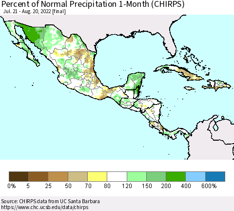 Mexico Central America and the Caribbean Percent of Normal Precipitation 1-Month (CHIRPS) Thematic Map For 7/21/2022 - 8/20/2022