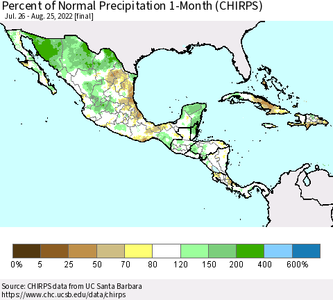 Mexico Central America and the Caribbean Percent of Normal Precipitation 1-Month (CHIRPS) Thematic Map For 7/26/2022 - 8/25/2022