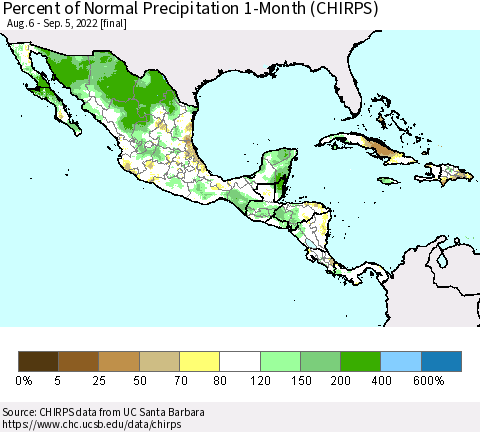 Mexico Central America and the Caribbean Percent of Normal Precipitation 1-Month (CHIRPS) Thematic Map For 8/6/2022 - 9/5/2022