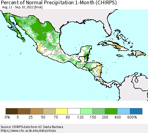 Mexico Central America and the Caribbean Percent of Normal Precipitation 1-Month (CHIRPS) Thematic Map For 8/11/2022 - 9/10/2022