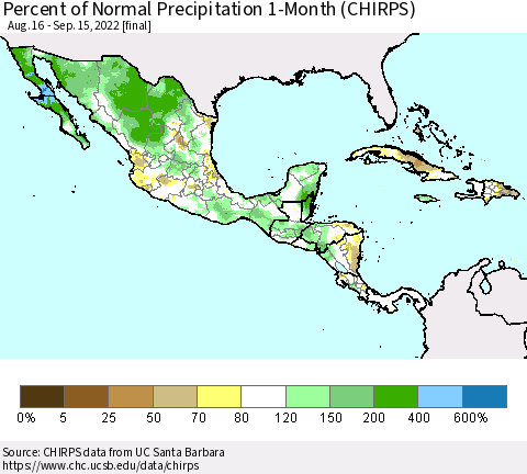 Mexico Central America and the Caribbean Percent of Normal Precipitation 1-Month (CHIRPS) Thematic Map For 8/16/2022 - 9/15/2022