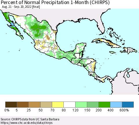 Mexico Central America and the Caribbean Percent of Normal Precipitation 1-Month (CHIRPS) Thematic Map For 8/21/2022 - 9/20/2022