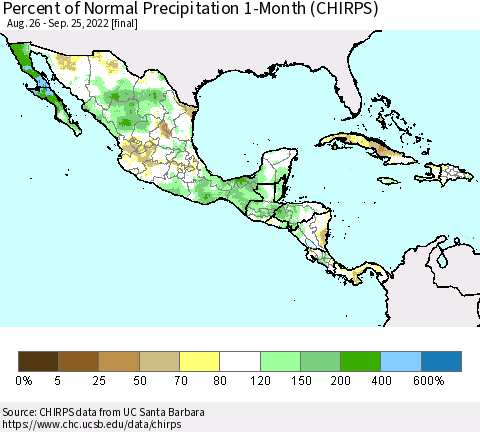 Mexico Central America and the Caribbean Percent of Normal Precipitation 1-Month (CHIRPS) Thematic Map For 8/26/2022 - 9/25/2022