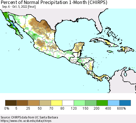 Mexico Central America and the Caribbean Percent of Normal Precipitation 1-Month (CHIRPS) Thematic Map For 9/6/2022 - 10/5/2022