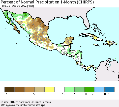 Mexico Central America and the Caribbean Percent of Normal Precipitation 1-Month (CHIRPS) Thematic Map For 9/11/2022 - 10/10/2022