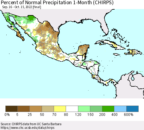 Mexico Central America and the Caribbean Percent of Normal Precipitation 1-Month (CHIRPS) Thematic Map For 9/16/2022 - 10/15/2022