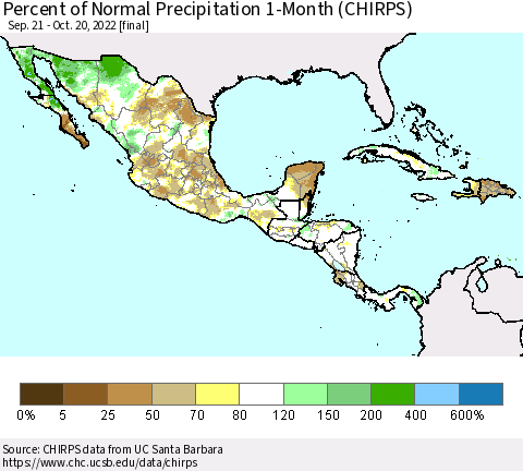 Mexico Central America and the Caribbean Percent of Normal Precipitation 1-Month (CHIRPS) Thematic Map For 9/21/2022 - 10/20/2022