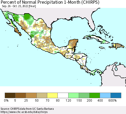 Mexico Central America and the Caribbean Percent of Normal Precipitation 1-Month (CHIRPS) Thematic Map For 9/26/2022 - 10/25/2022
