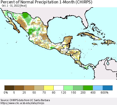 Mexico Central America and the Caribbean Percent of Normal Precipitation 1-Month (CHIRPS) Thematic Map For 10/1/2022 - 10/31/2022