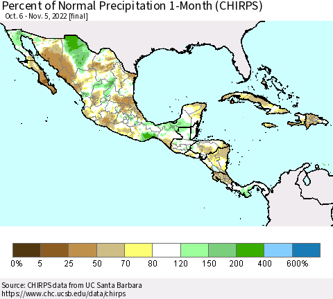 Mexico Central America and the Caribbean Percent of Normal Precipitation 1-Month (CHIRPS) Thematic Map For 10/6/2022 - 11/5/2022