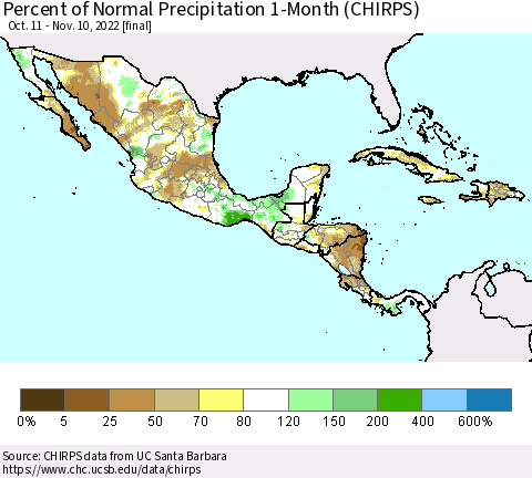 Mexico Central America and the Caribbean Percent of Normal Precipitation 1-Month (CHIRPS) Thematic Map For 10/11/2022 - 11/10/2022
