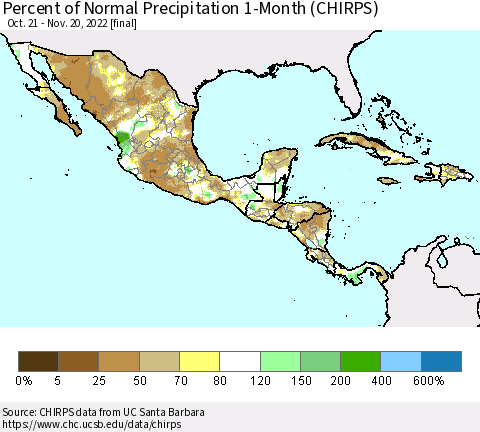 Mexico Central America and the Caribbean Percent of Normal Precipitation 1-Month (CHIRPS) Thematic Map For 10/21/2022 - 11/20/2022