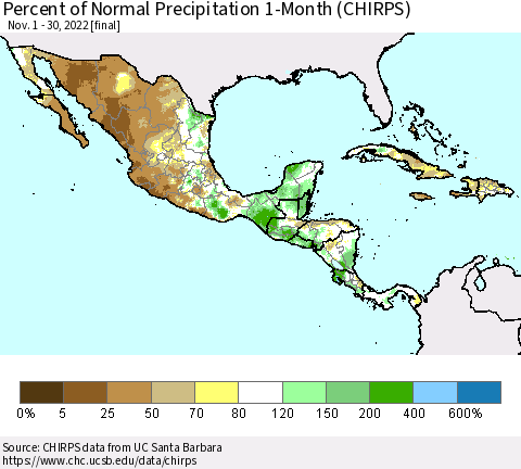 Mexico Central America and the Caribbean Percent of Normal Precipitation 1-Month (CHIRPS) Thematic Map For 11/1/2022 - 11/30/2022