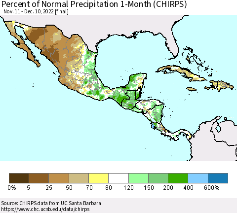 Mexico Central America and the Caribbean Percent of Normal Precipitation 1-Month (CHIRPS) Thematic Map For 11/11/2022 - 12/10/2022