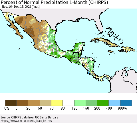 Mexico Central America and the Caribbean Percent of Normal Precipitation 1-Month (CHIRPS) Thematic Map For 11/16/2022 - 12/15/2022