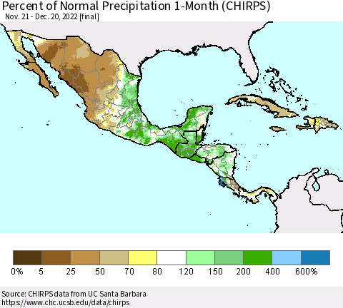 Mexico Central America and the Caribbean Percent of Normal Precipitation 1-Month (CHIRPS) Thematic Map For 11/21/2022 - 12/20/2022