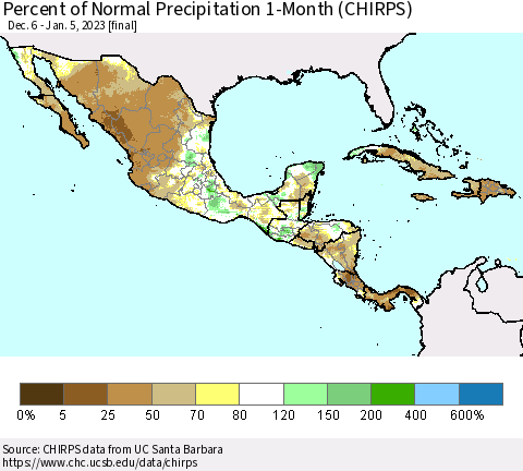Mexico Central America and the Caribbean Percent of Normal Precipitation 1-Month (CHIRPS) Thematic Map For 12/6/2022 - 1/5/2023
