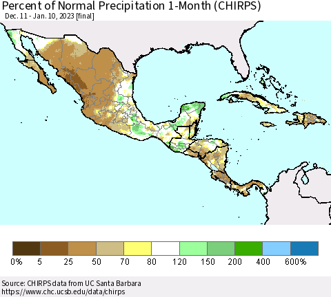 Mexico Central America and the Caribbean Percent of Normal Precipitation 1-Month (CHIRPS) Thematic Map For 12/11/2022 - 1/10/2023