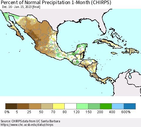 Mexico Central America and the Caribbean Percent of Normal Precipitation 1-Month (CHIRPS) Thematic Map For 12/16/2022 - 1/15/2023