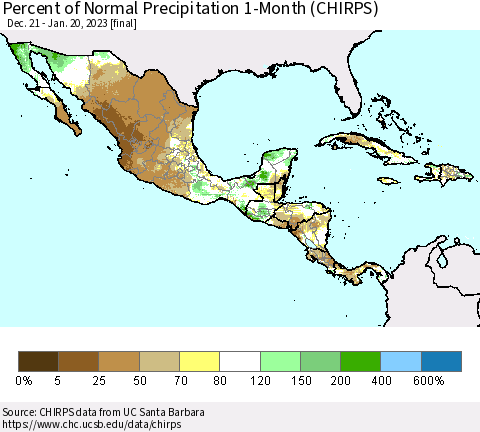 Mexico Central America and the Caribbean Percent of Normal Precipitation 1-Month (CHIRPS) Thematic Map For 12/21/2022 - 1/20/2023