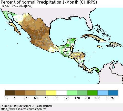 Mexico Central America and the Caribbean Percent of Normal Precipitation 1-Month (CHIRPS) Thematic Map For 1/6/2023 - 2/5/2023