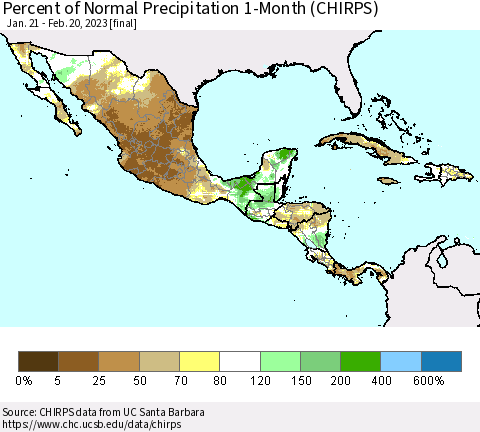 Mexico Central America and the Caribbean Percent of Normal Precipitation 1-Month (CHIRPS) Thematic Map For 1/21/2023 - 2/20/2023