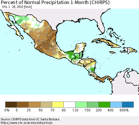 Mexico Central America and the Caribbean Percent of Normal Precipitation 1-Month (CHIRPS) Thematic Map For 2/1/2023 - 2/28/2023