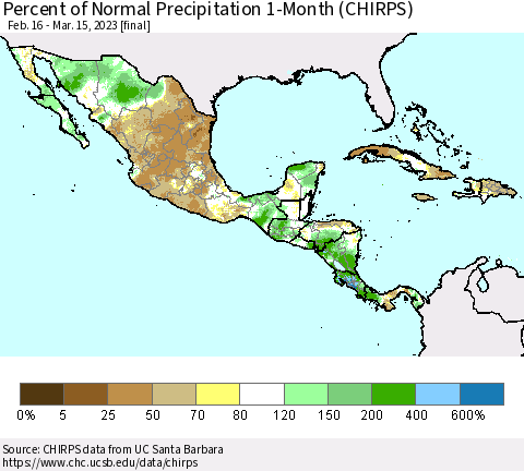 Mexico Central America and the Caribbean Percent of Normal Precipitation 1-Month (CHIRPS) Thematic Map For 2/16/2023 - 3/15/2023