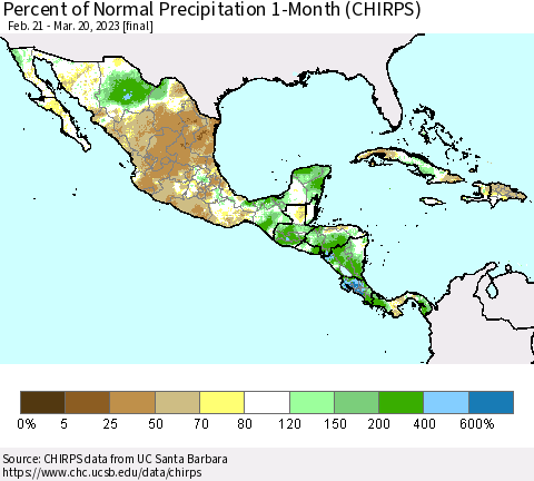Mexico Central America and the Caribbean Percent of Normal Precipitation 1-Month (CHIRPS) Thematic Map For 2/21/2023 - 3/20/2023