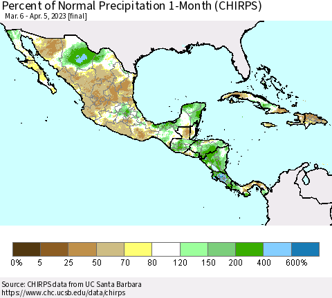 Mexico Central America and the Caribbean Percent of Normal Precipitation 1-Month (CHIRPS) Thematic Map For 3/6/2023 - 4/5/2023