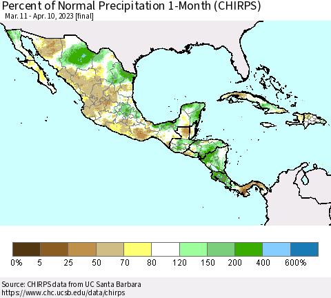 Mexico Central America and the Caribbean Percent of Normal Precipitation 1-Month (CHIRPS) Thematic Map For 3/11/2023 - 4/10/2023