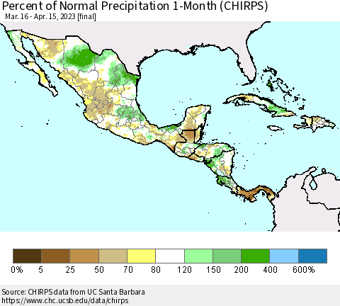 Mexico Central America and the Caribbean Percent of Normal Precipitation 1-Month (CHIRPS) Thematic Map For 3/16/2023 - 4/15/2023
