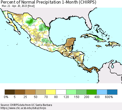 Mexico Central America and the Caribbean Percent of Normal Precipitation 1-Month (CHIRPS) Thematic Map For 3/21/2023 - 4/20/2023