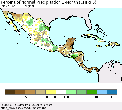 Mexico Central America and the Caribbean Percent of Normal Precipitation 1-Month (CHIRPS) Thematic Map For 3/26/2023 - 4/25/2023