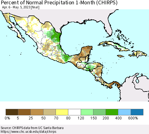 Mexico Central America and the Caribbean Percent of Normal Precipitation 1-Month (CHIRPS) Thematic Map For 4/6/2023 - 5/5/2023