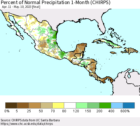 Mexico Central America and the Caribbean Percent of Normal Precipitation 1-Month (CHIRPS) Thematic Map For 4/11/2023 - 5/10/2023