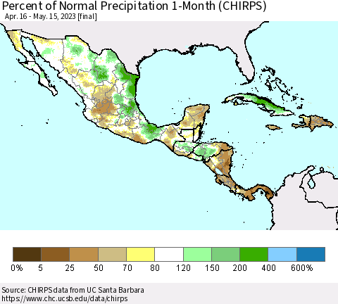 Mexico Central America and the Caribbean Percent of Normal Precipitation 1-Month (CHIRPS) Thematic Map For 4/16/2023 - 5/15/2023