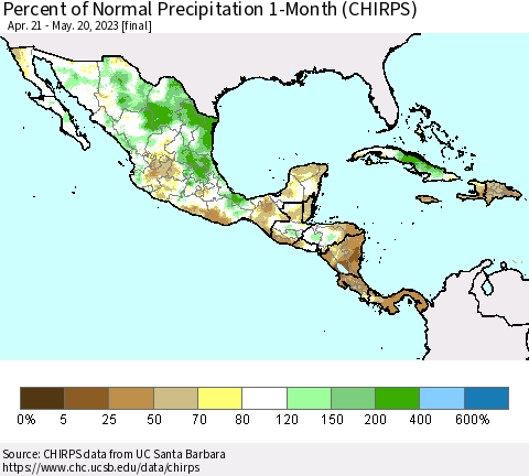 Mexico Central America and the Caribbean Percent of Normal Precipitation 1-Month (CHIRPS) Thematic Map For 4/21/2023 - 5/20/2023